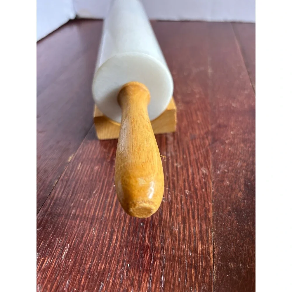 VTG Gourmet Kitchen White Marble Baking Rolling Pin Wooden Handles Cradle Stand